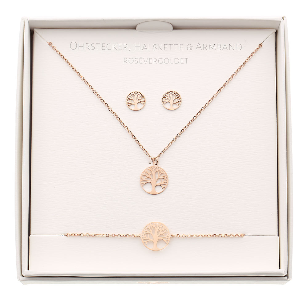 Geschenkset - Halskette-Armband-Ohrstecker - rosévergoldet - Baum des Lebens